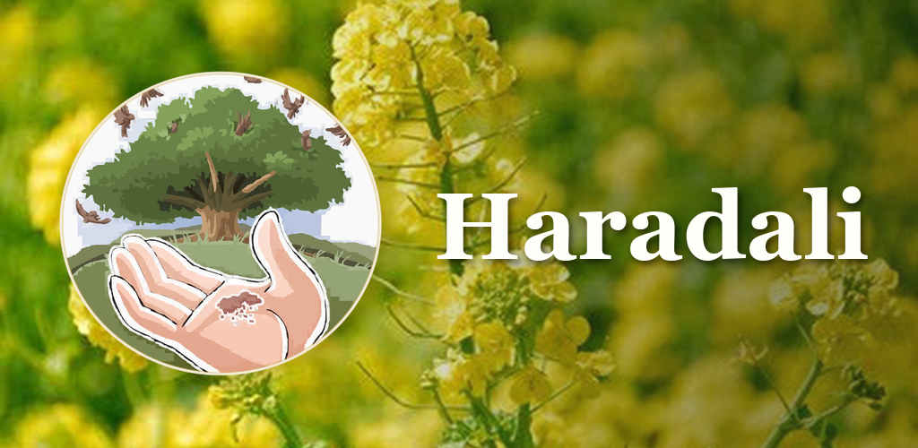 Haradali — a hand releasing mustard seeds beneath a full tree, in a field of yellow blossoms